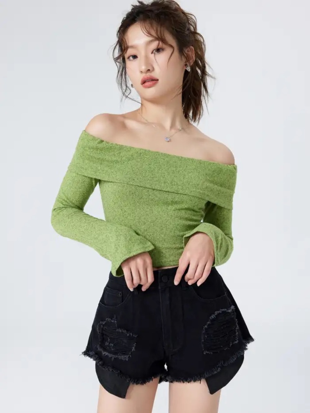 SOLID OFF SHOULDER CROP TOP cider Size Medium
